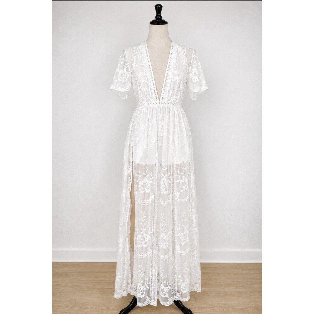 Honey Punch White Embroidered Mesh Maxi Romper Small Plunging V Neck